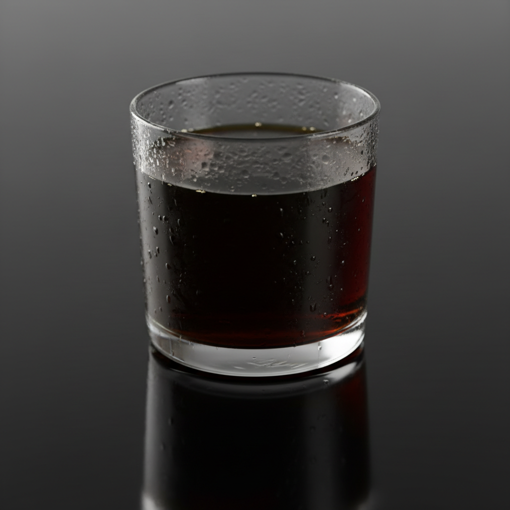 Dark cold brew coffee over ice in tall glass with condensation, dark atmospheric photography