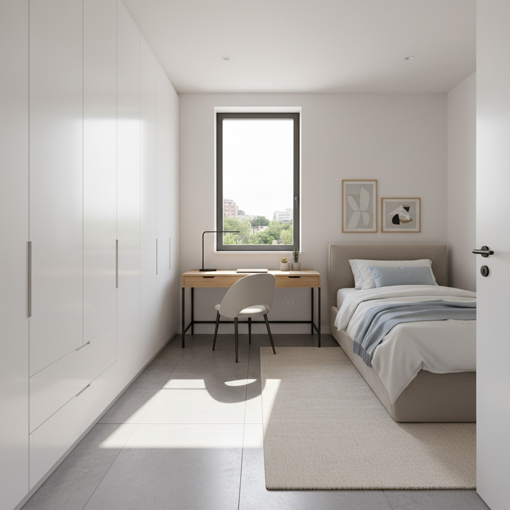 Compact modern student room with single bed, study desk, storage shelves, and soft ambient lighting in a clean minimal interior