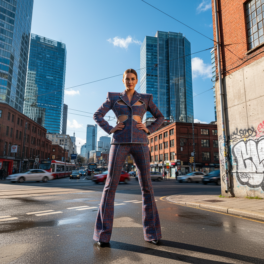 Fashion editorial shot with model in structured clothing against urban backdrop