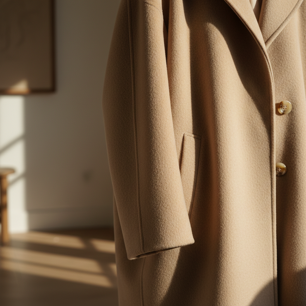 Luxury cashmere coat, model in bright outdoor setting, well-lit natural environment