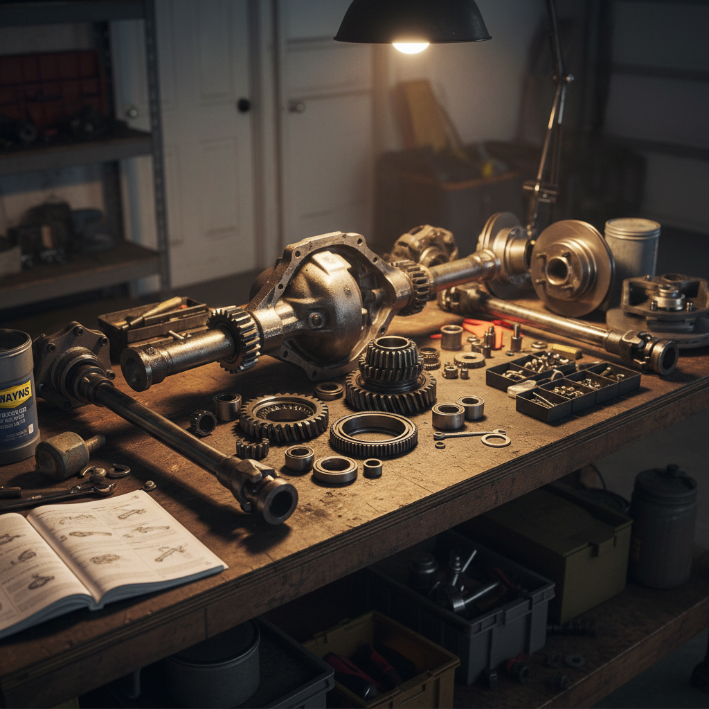 Disassembled Dana 44 axle components laid out on a workbench for inspection and rebuild