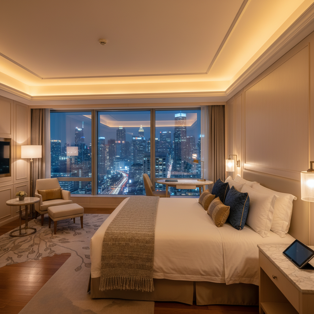 Clean and comfortable deluxe room with double bed, warm lighting, and modern amenities