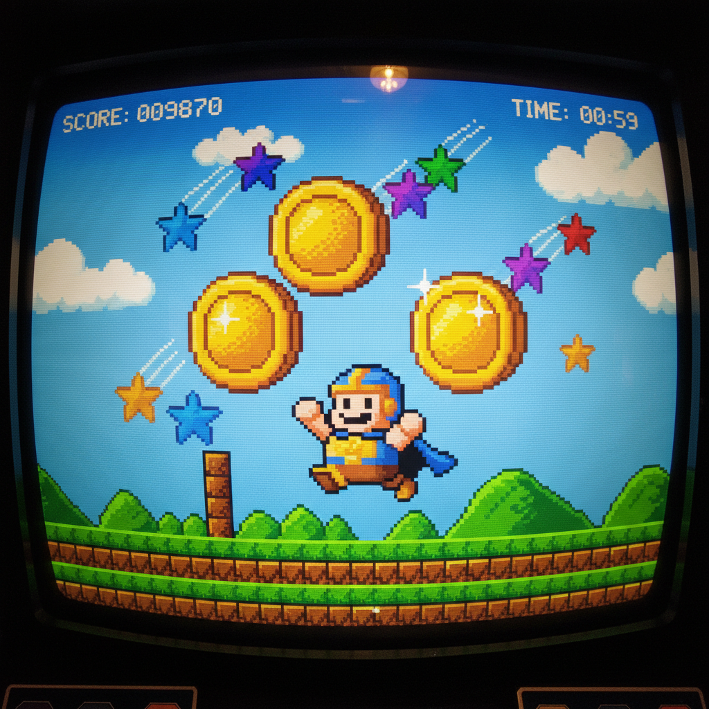 Retro arcade game screen with colorful pixel art coins and stars