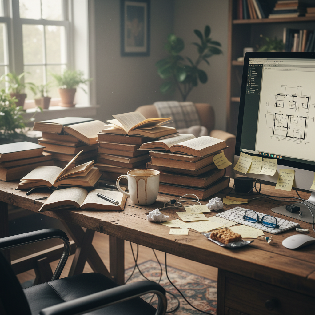 Cluttered home office desk-level view showing tangled cables, monitor glare, sticky notes, and empty mug with dried coffee ring