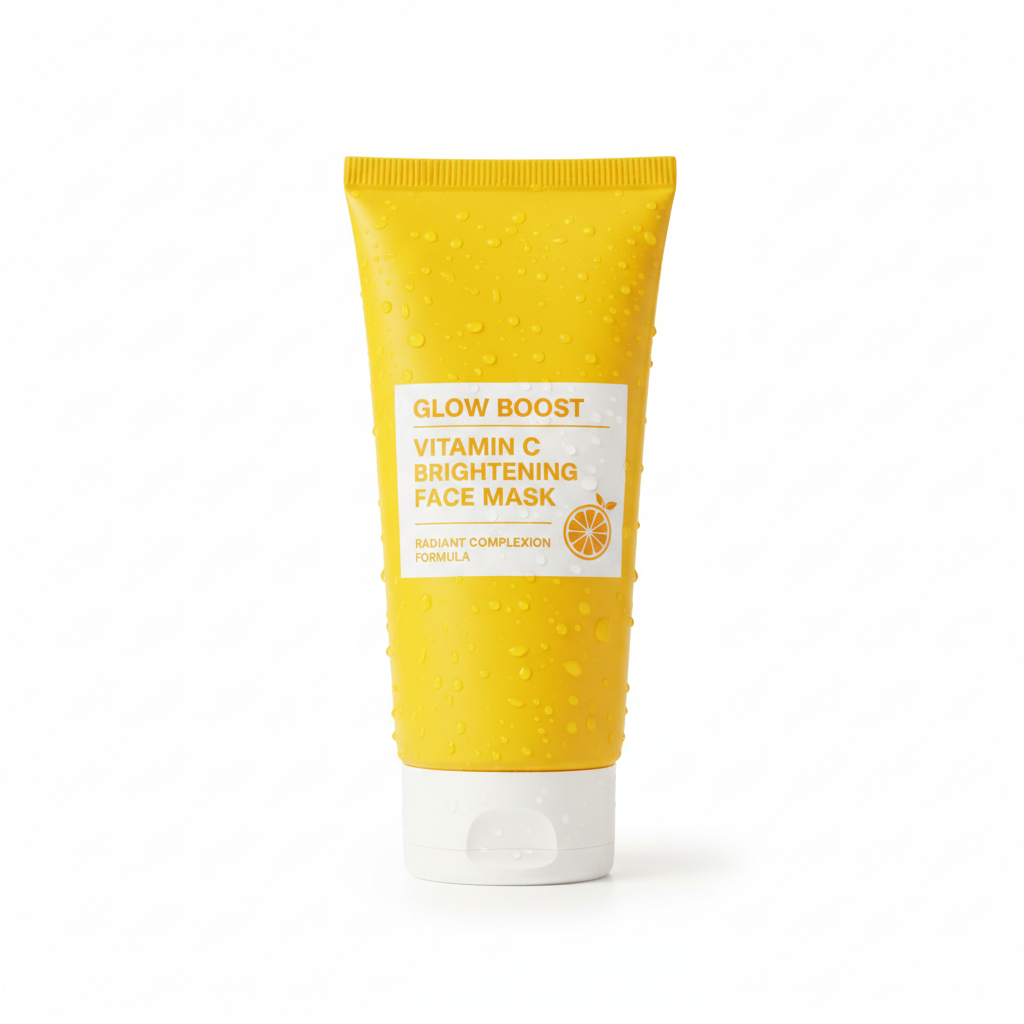 Bright yellow vitamin C face mask tube on white background with orange slices, clean beauty aesthetic