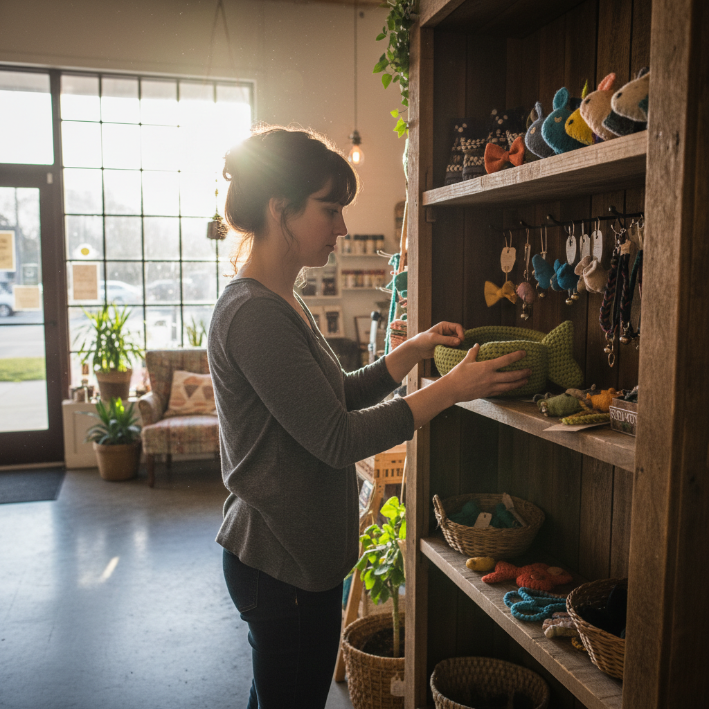 Pet shop owner Odalys Reyes arranging handmade cat accessories on a wooden display shelf