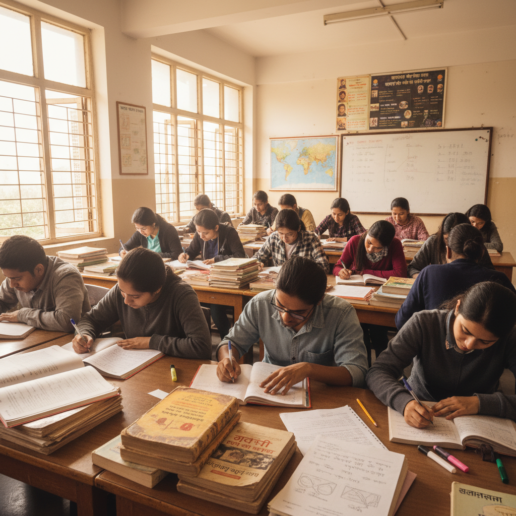 Student writing in a notebook with colorful pens at a classroom desk