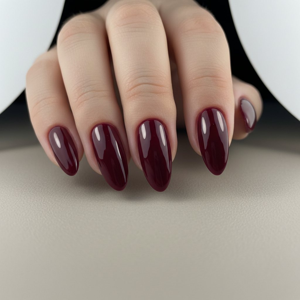 Deep burgundy gel nails with high-shine topcoat on short square nails, warm moody lighting