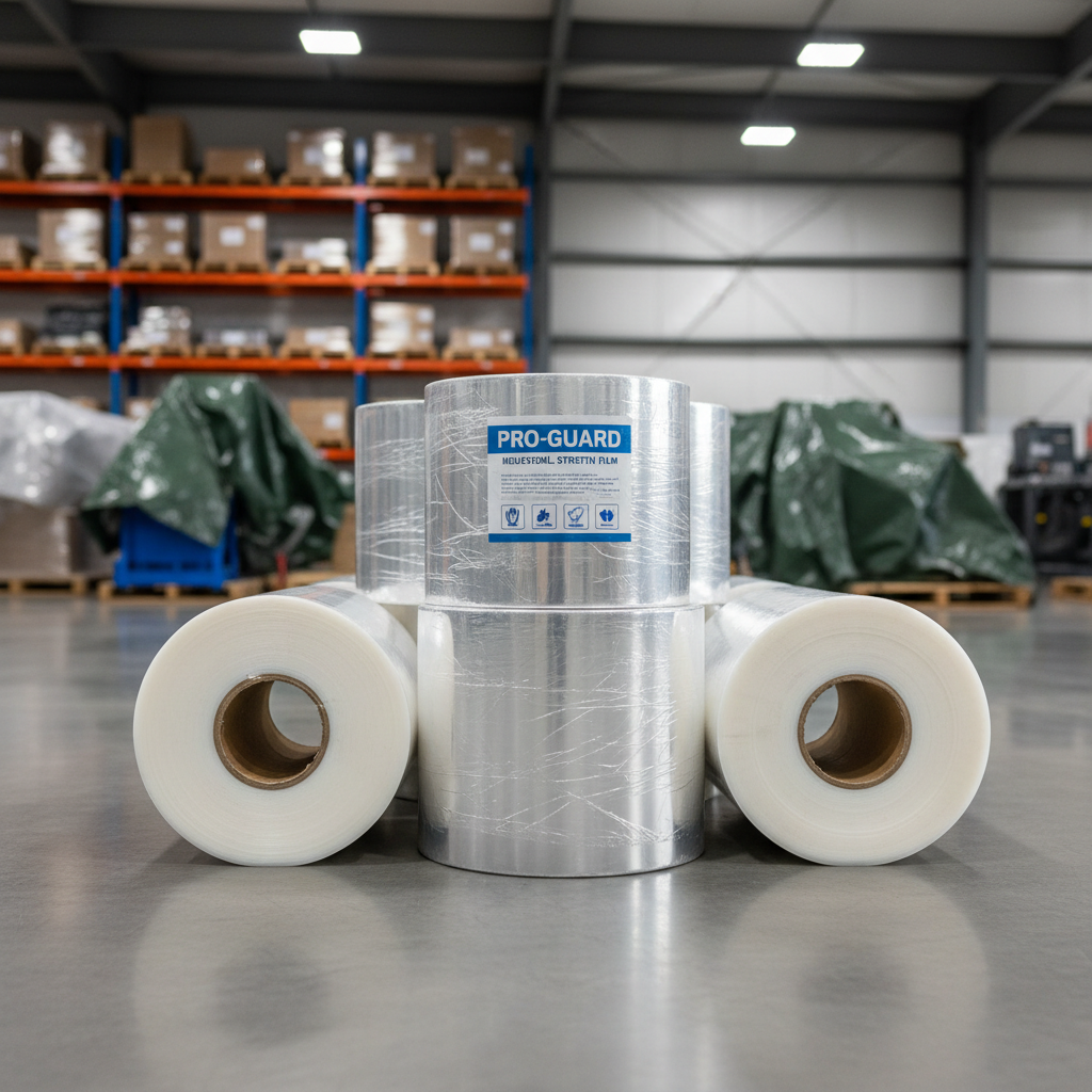 Rolls of clear stretch wrap film stacked in warehouse storage area, overhead industrial lighting