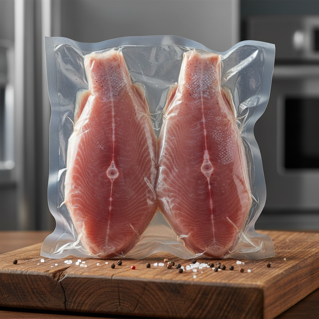 Pink trout fillets vacuum-sealed in clear packaging on a wooden board