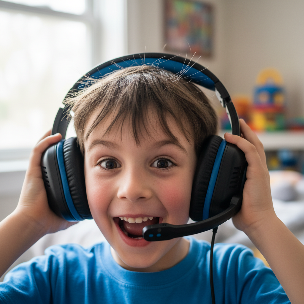 Kid pulling off headset with unmistakable wide-eyed open-mouthed grin