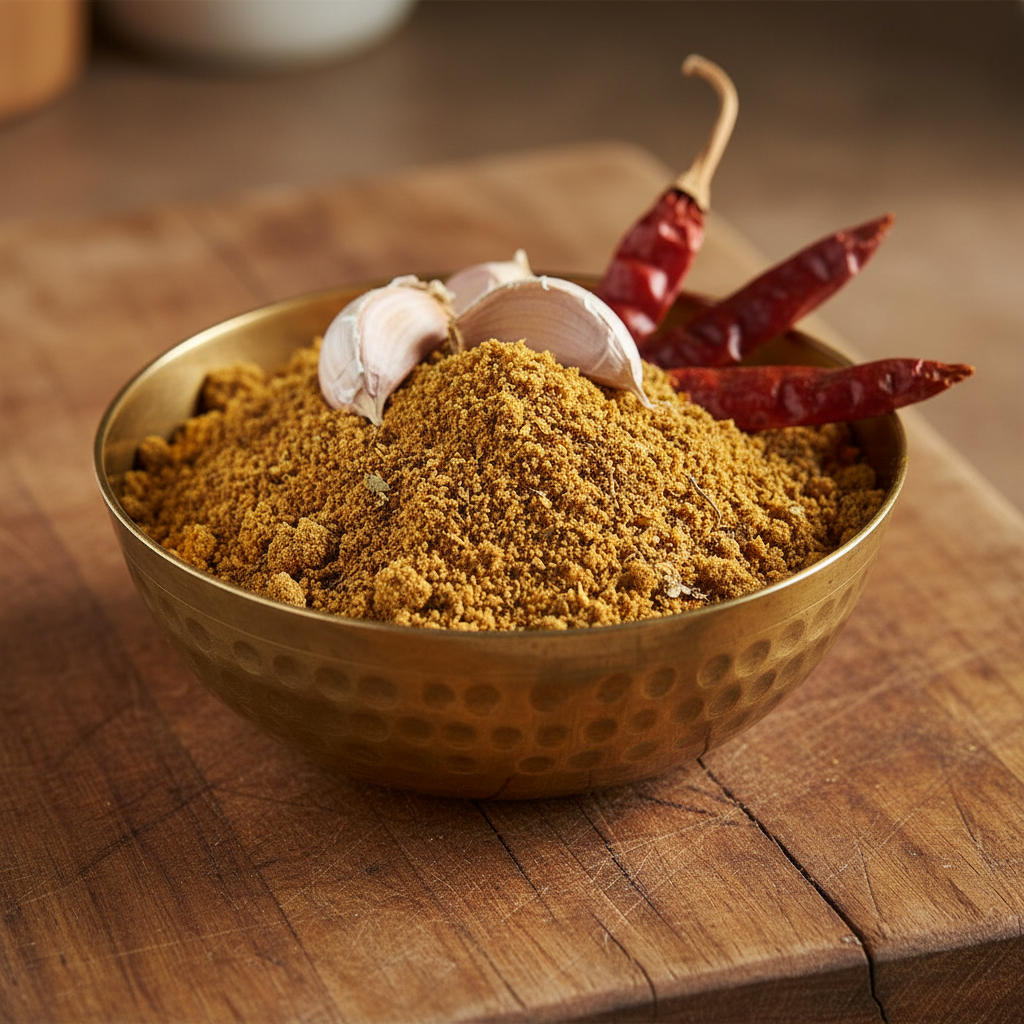 Rich dark-brown garam masala powder in a stone mortar with scattered whole spices around it in warm candlelight