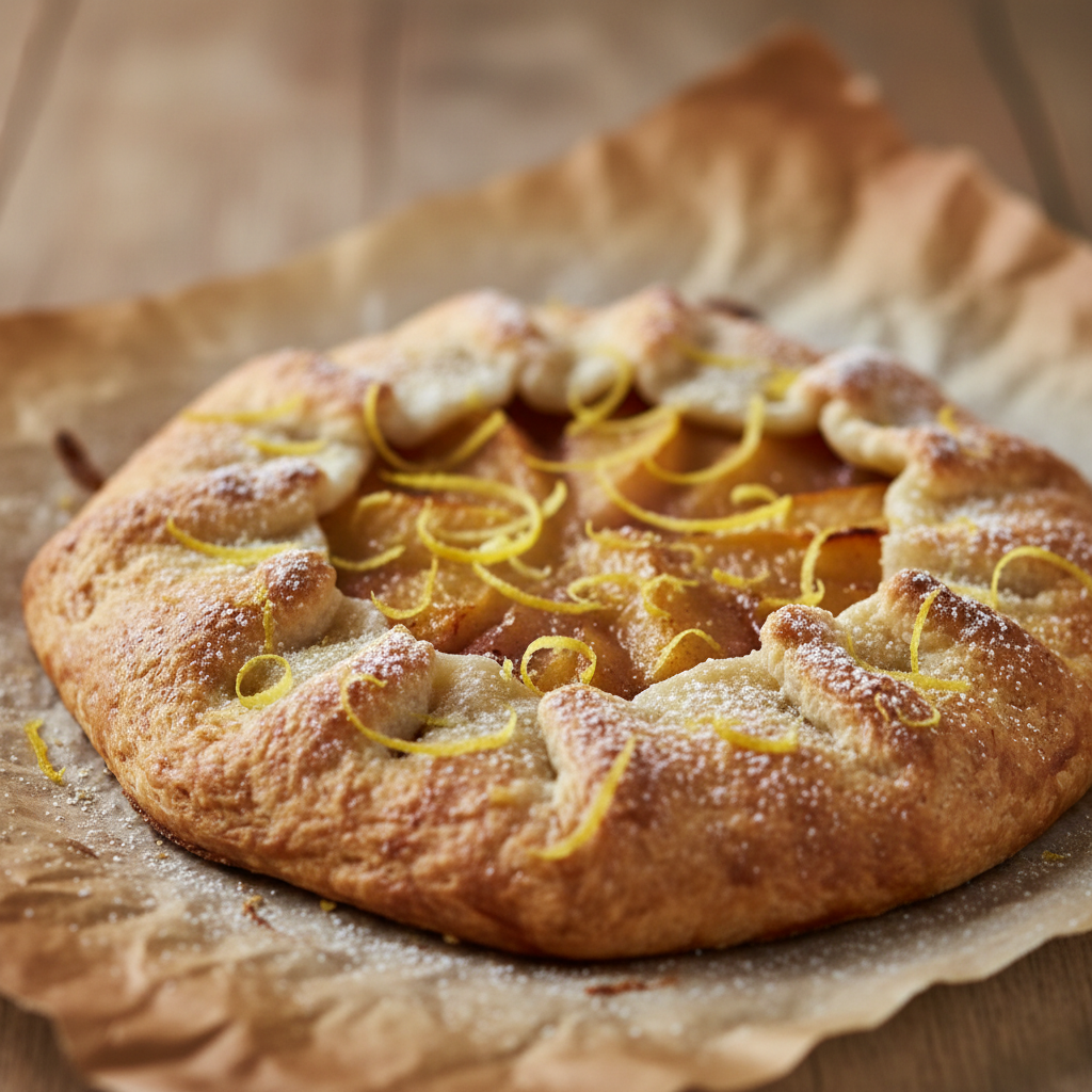 A golden-brown galette pastry on parchment paper with lemon zest and powdered sugar dusting