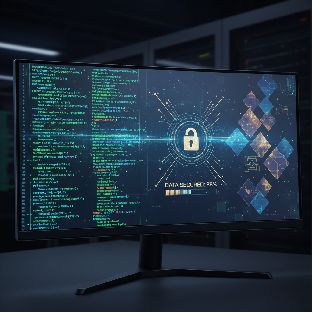 Código de cifrado con caracteres hexadecimales y símbolos criptográficos en pantalla