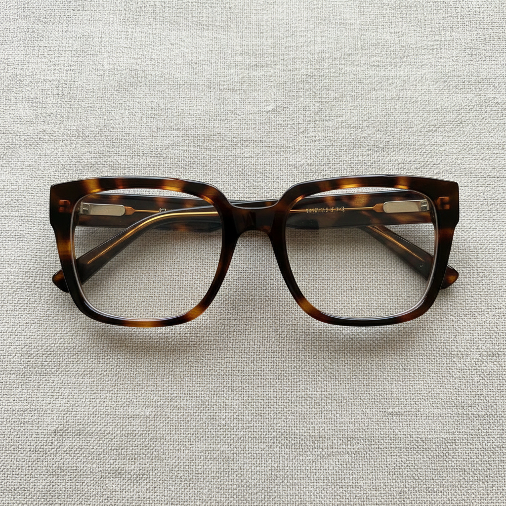 Oversized acetate eyewear frames laid flat on natural linen cloth