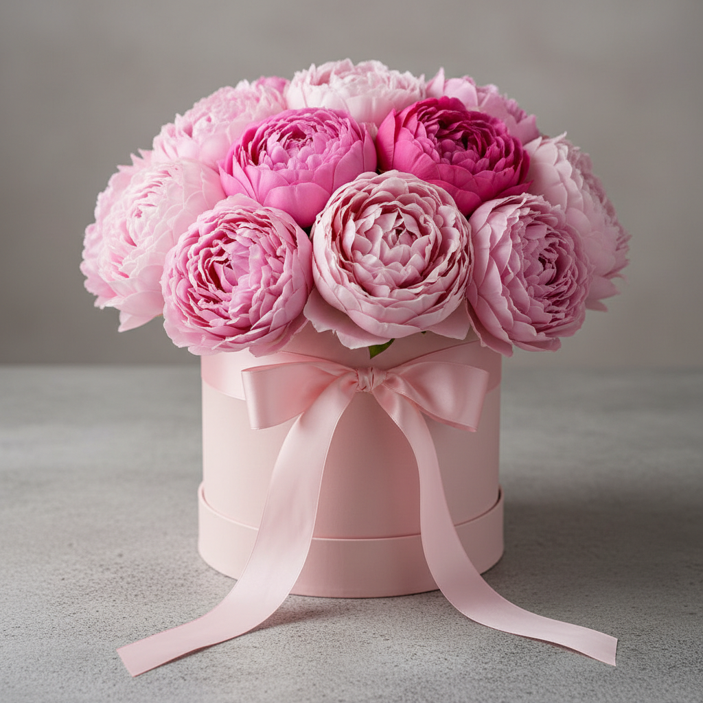 Premium peonies arranged in a luxury hat box with satin ribbon