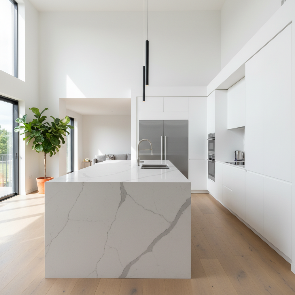 Luxury kitchen with marble island, integrated appliances, bright natural light streaming through large windows, soft white palette