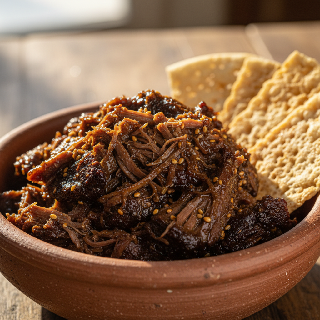Dark braised beef sharmout in a small clay bowl with sesame oil sheen, served alongside kisra