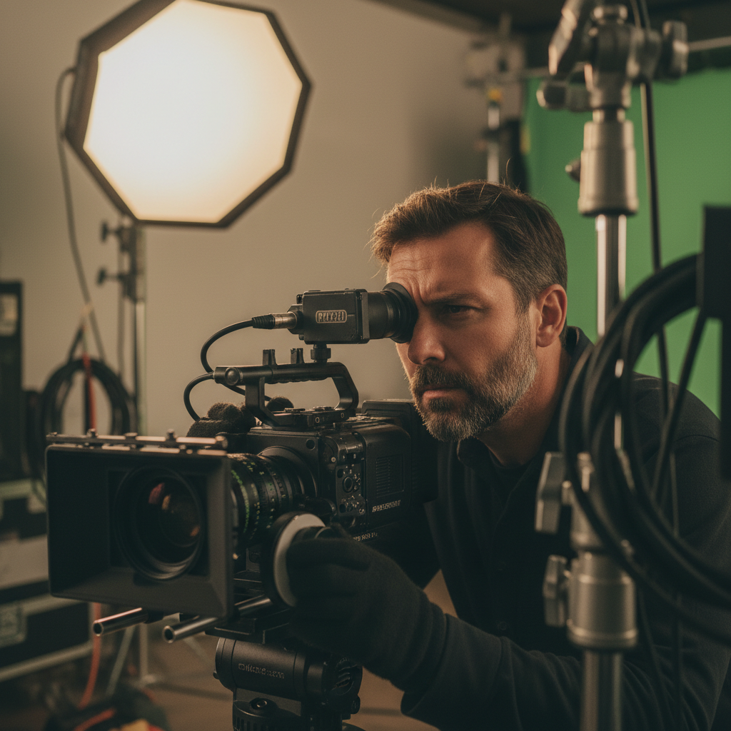 Film director on set looking through camera viewfinder during production