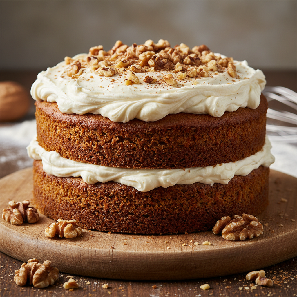 Rustic naked carrot cake with cream cheese frosting and walnuts on wooden cake stand in warm light