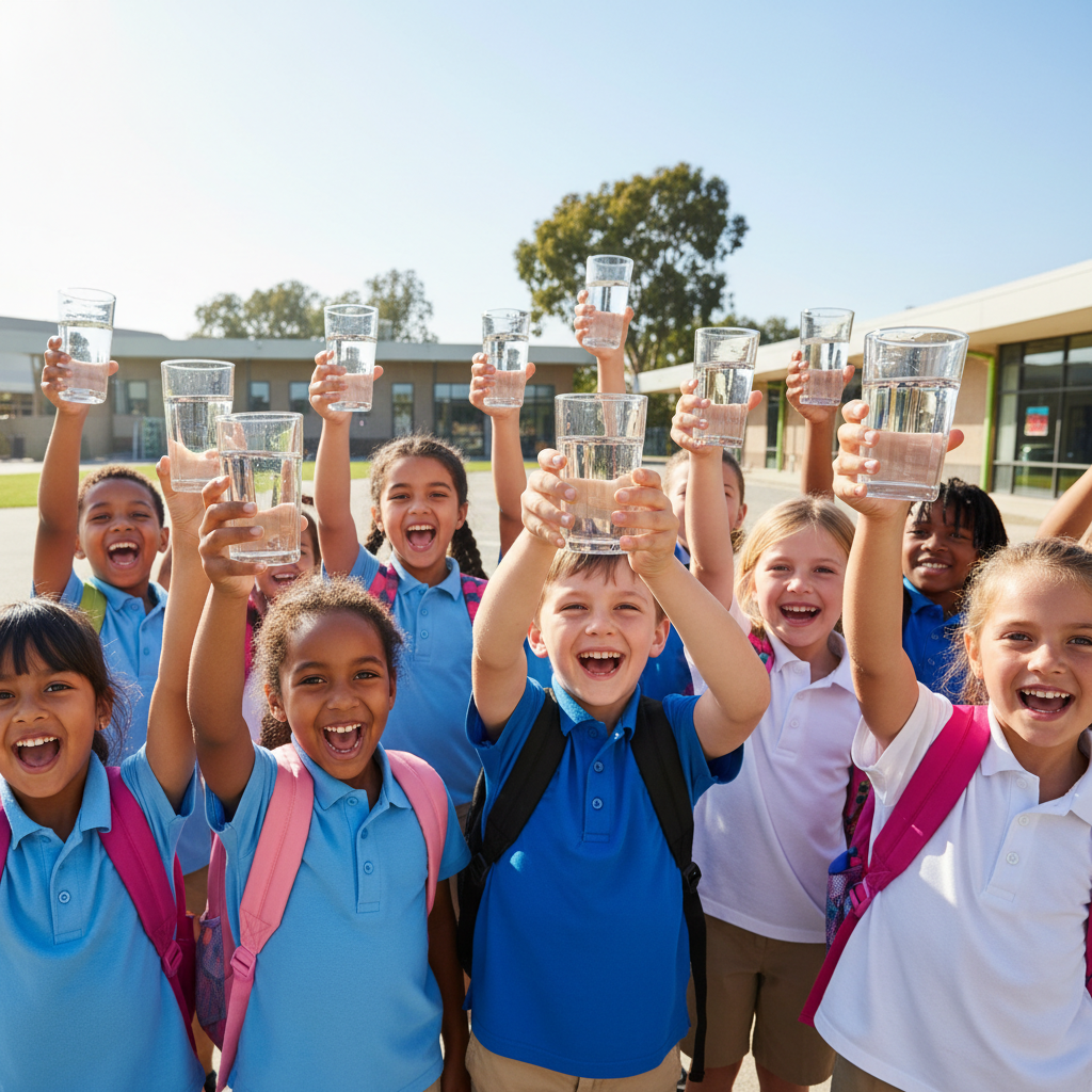 Group of school children each holding up a clear glass of clean water like a trophy, smiling broadly