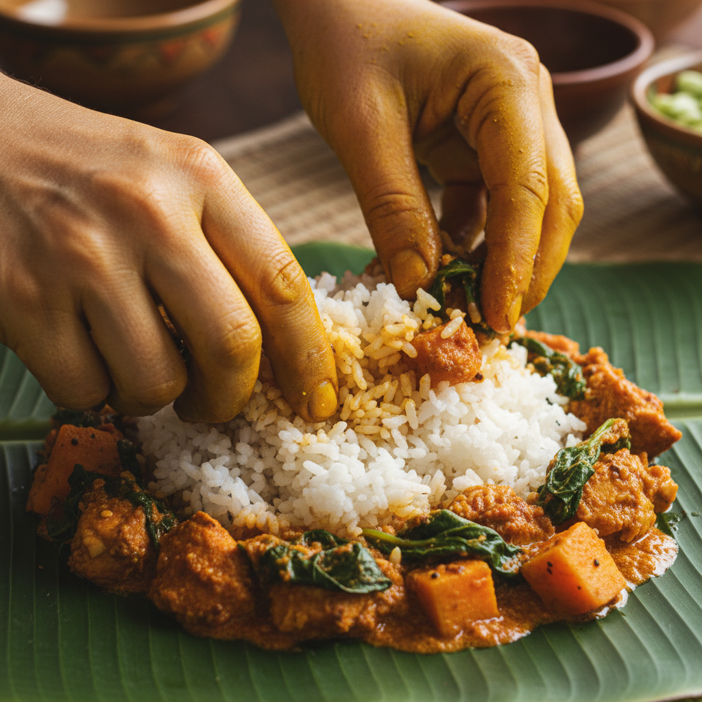 Hands mixing rice and pappu on a banana leaf