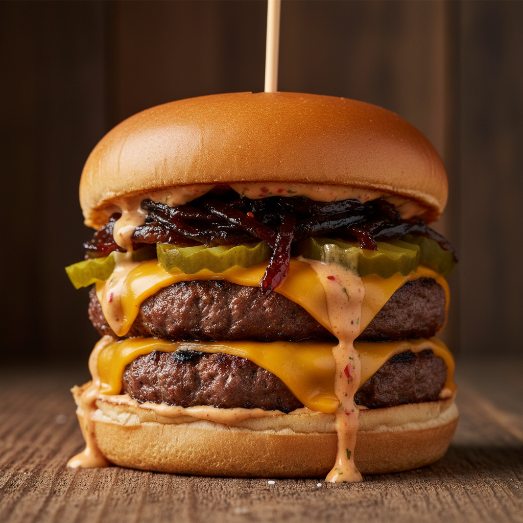 BBQ Bacon Burger - Beef patty, smoked beef strips, cheddar, caramelized onions, BBQ sauce