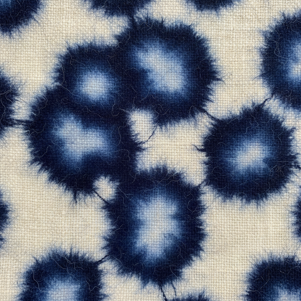 Close-up of fermented indigo textile showing organic blotch patterns in navy and cream on undyed wool ground