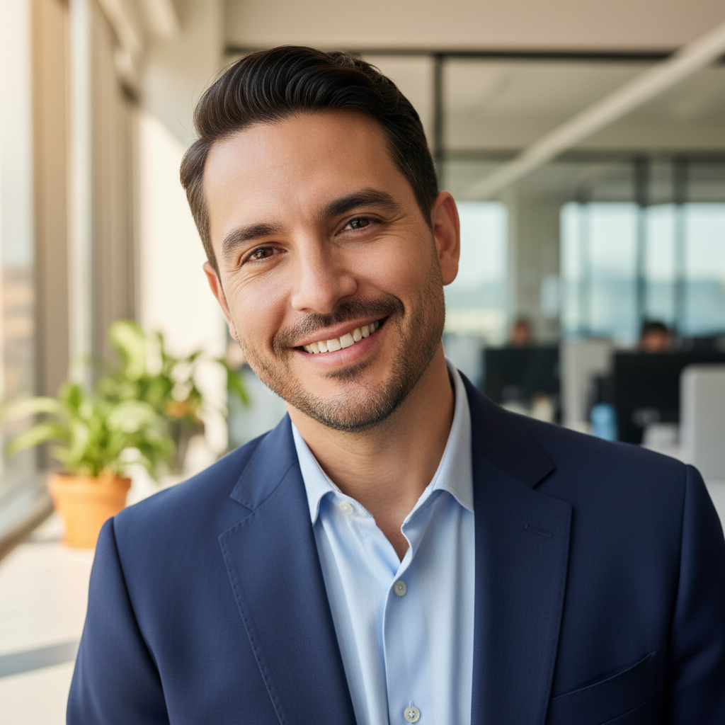 Professional Hispanic man in suit, confident leadership portrait, neutral warm office background