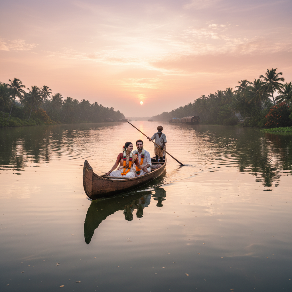 Happy family on a traditional Kerala wooden boat, children pointing at birds over the backwaters