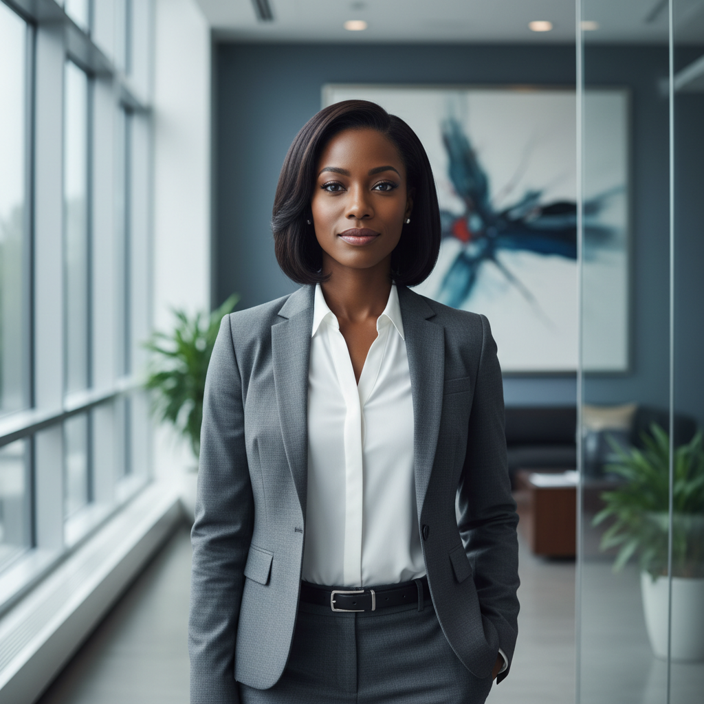 Professional African woman in elegant business suit with confident posture in corporate setting