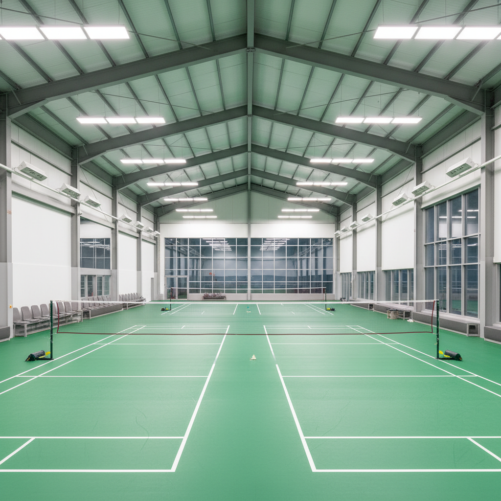Sports training facility interior, clean badminton courts, professional lighting setup, modern academy