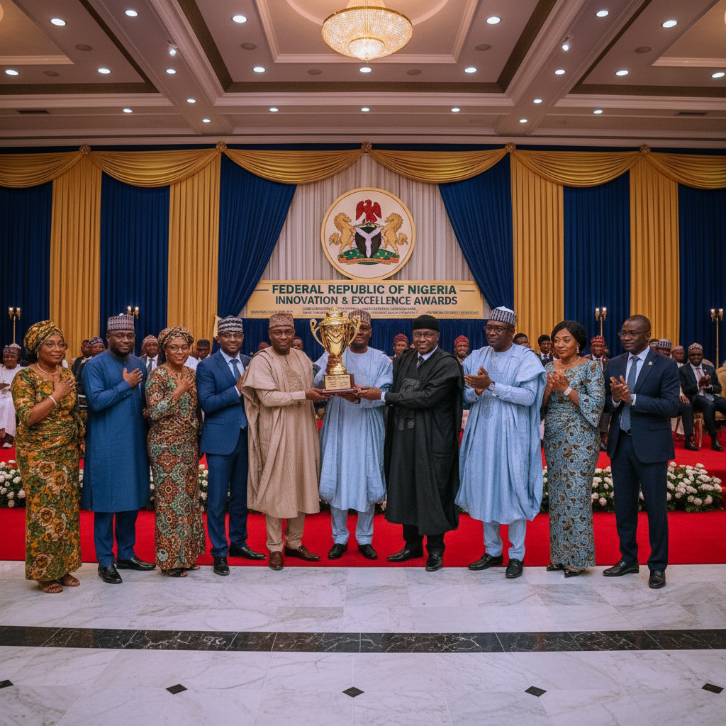 JJHF team receiving award from Nigerian government officials at formal ceremony