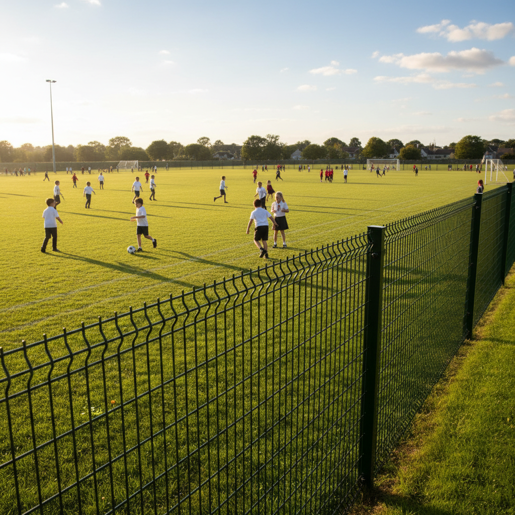 School perimeter boundary with green anti-climb mesh fencing along a sports field, children visible in background