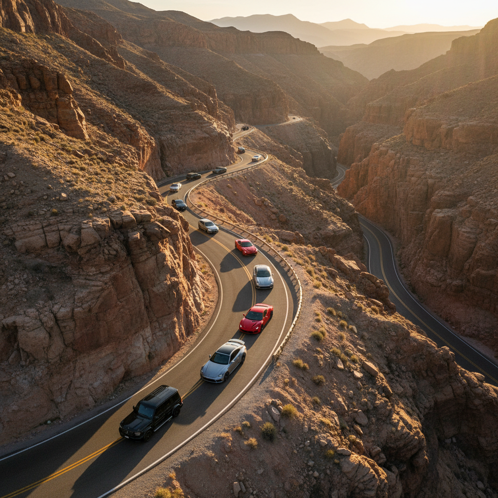Drone tracking a convoy of cars through canyon switchbacks at golden hour
