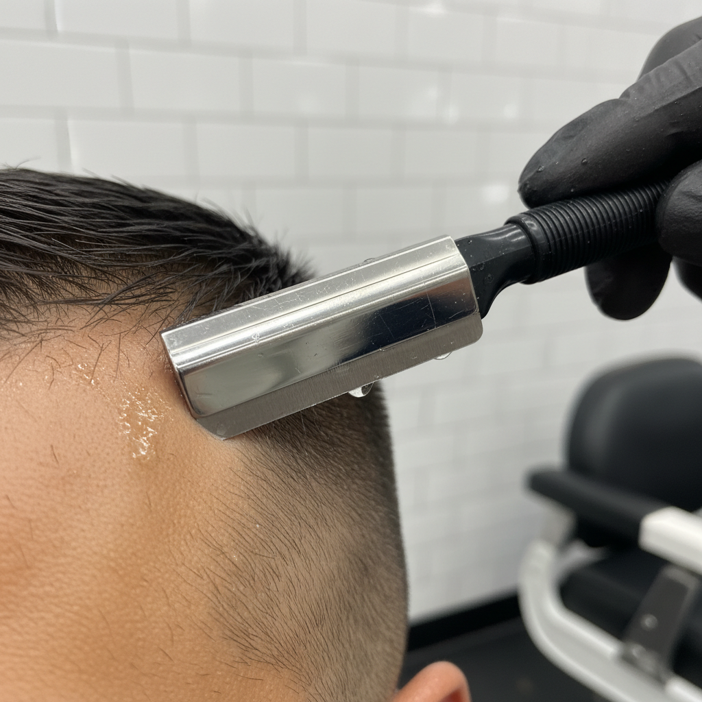 Close-up of razor blade creating precise fade line at temple