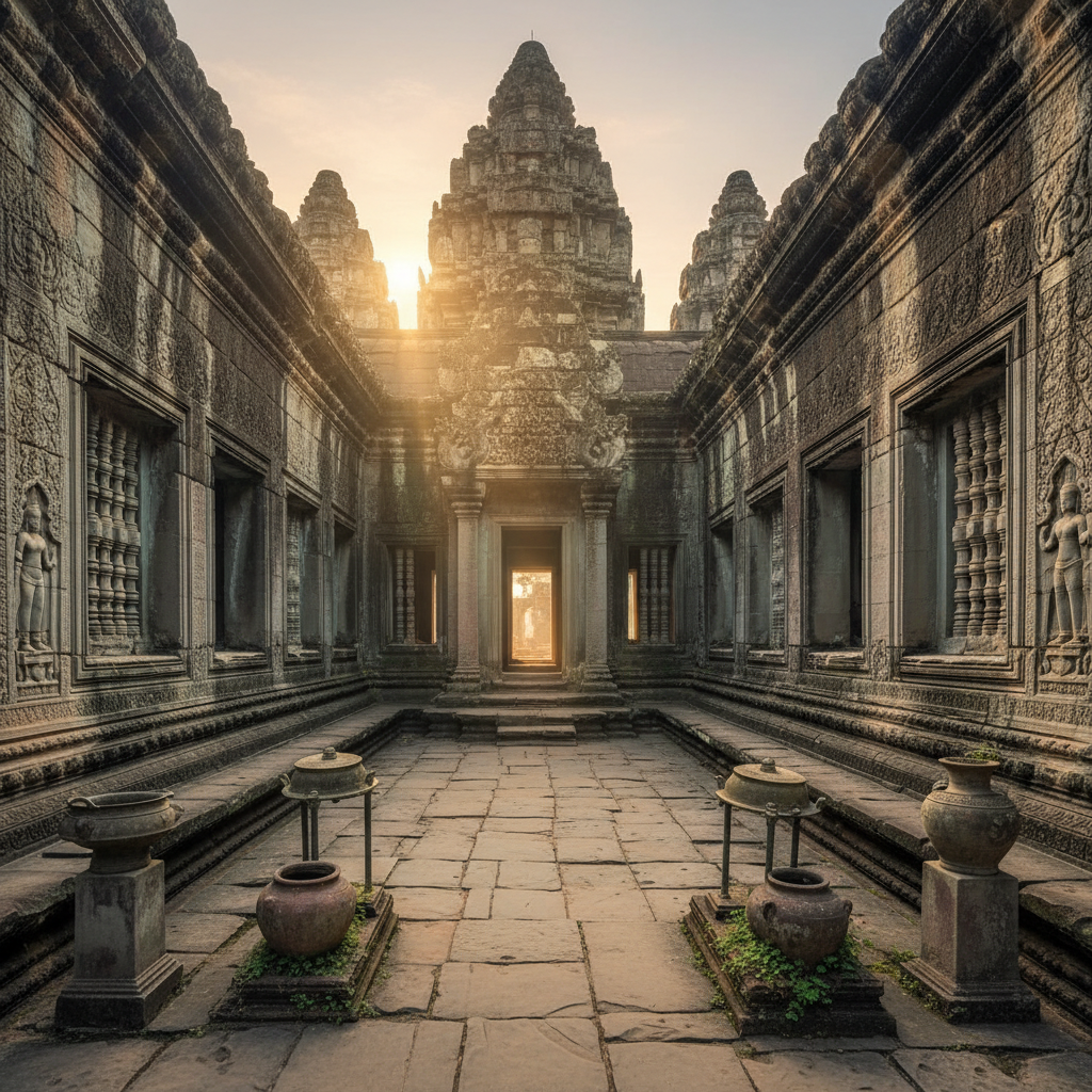 Ancient ashram temple courtyard with ornate stone carvings and sacred tulsi plants, warm golden afternoon light