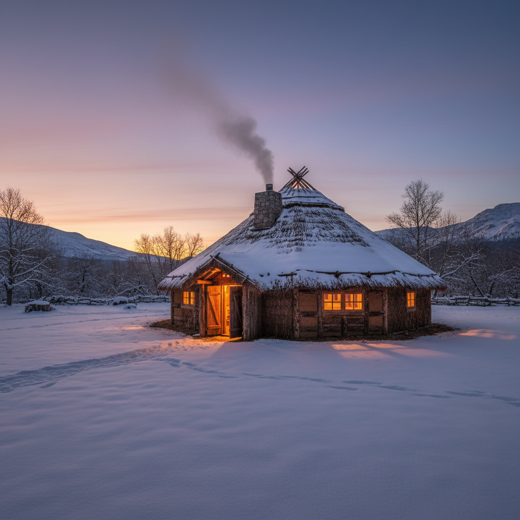 Newly completed tribal home with warm light visible through windows at dusk, snow on the ground and smoke rising from chimney