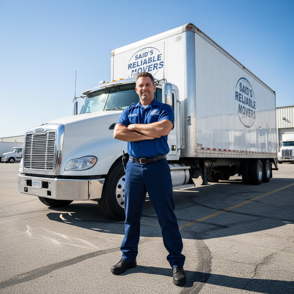 Professional truck driver standing confidently beside freight truck at loading dock, safety gear visible