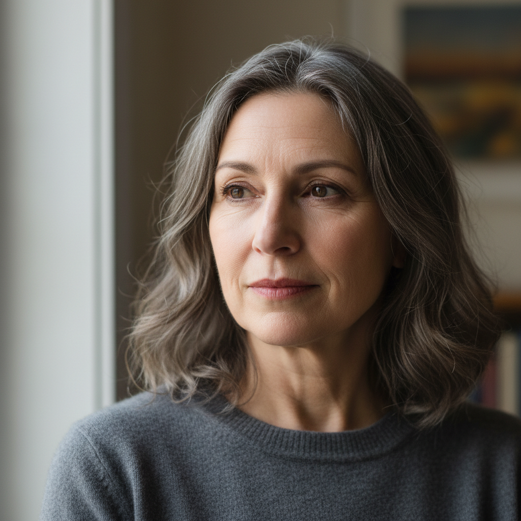 A woman in her 40s sitting outdoors in dappled garden light, looking at camera with quiet warmth, natural expression