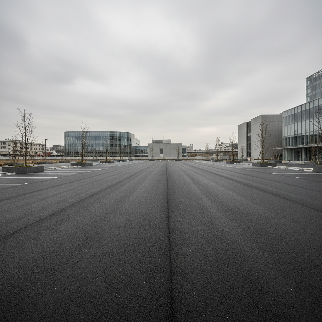 Freshly rolled commercial asphalt parking lot reflecting overcast Tokyo sky