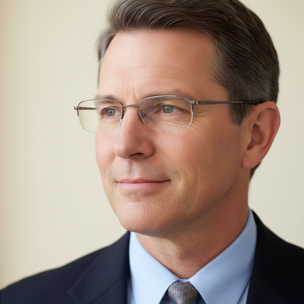 Professional headshot of James Thornton, teacher in his mid-40s with glasses and friendly expression outdoors