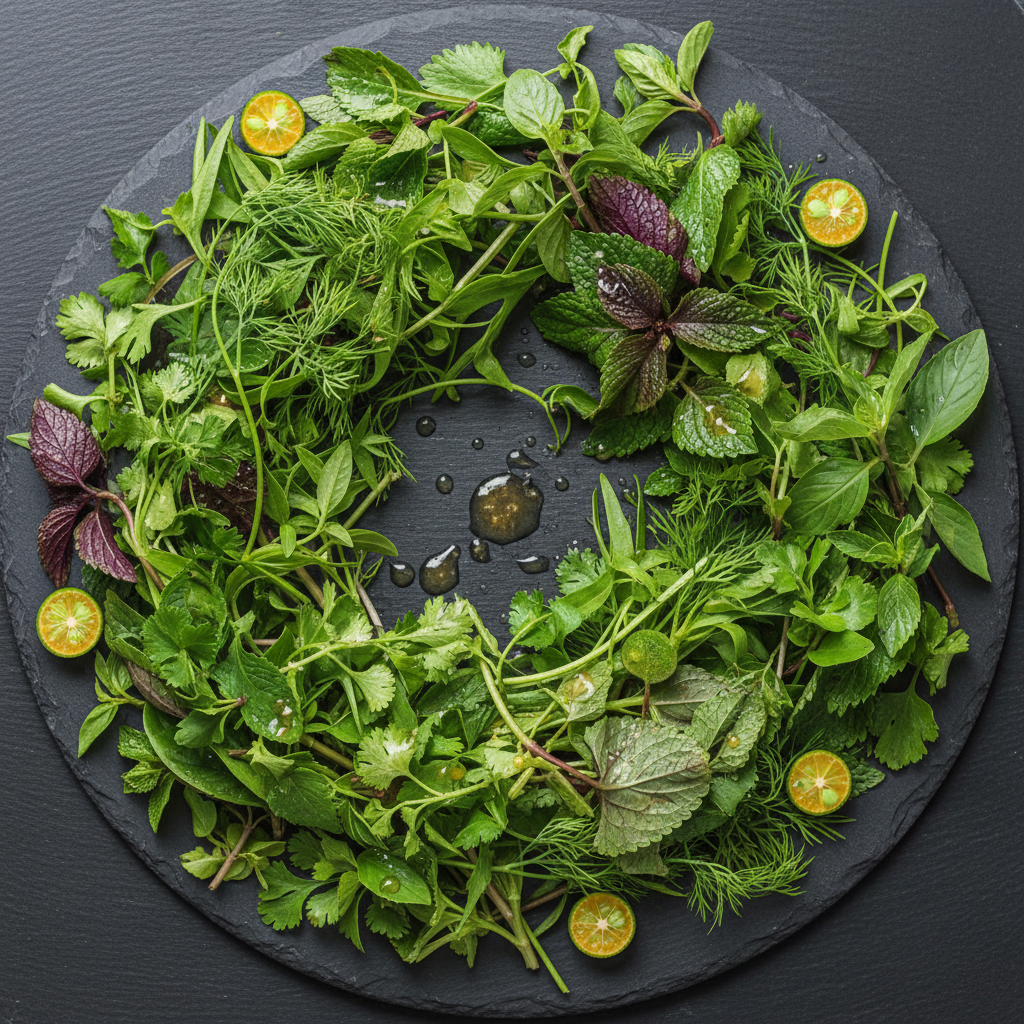 A broad salad of twenty-two Vietnamese river herbs on a dark plate with calamansi dressing