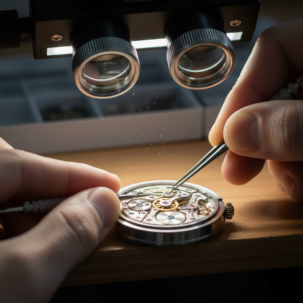 Watchmaker hands assembling movement components under microscope, extreme macro detail, dark workshop