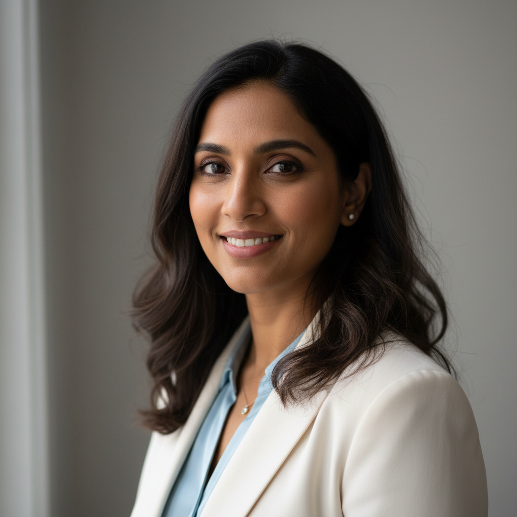 South Asian woman smiling confidently, bright natural light background