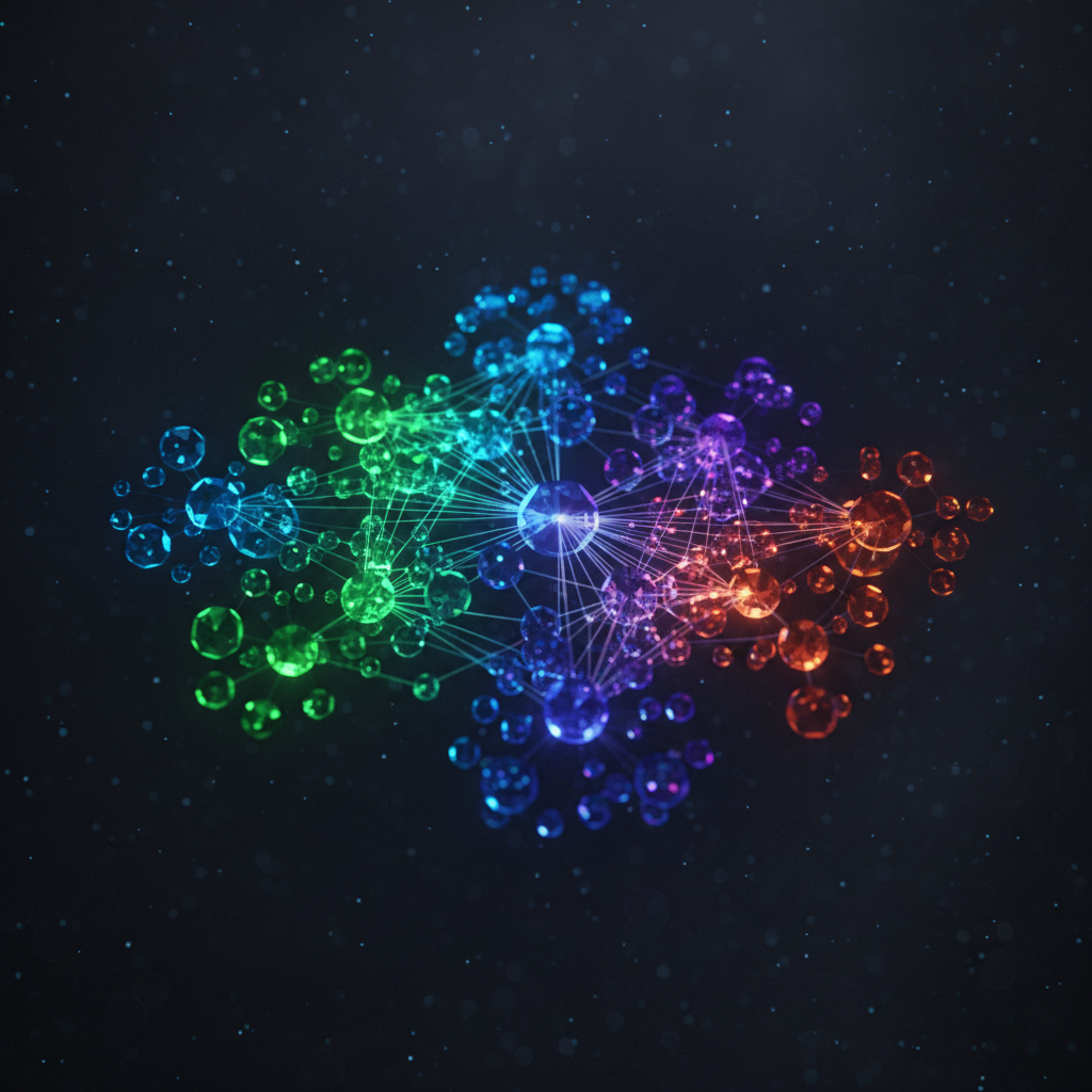 Abstract network of glowing blue nodes on dark background representing data architecture