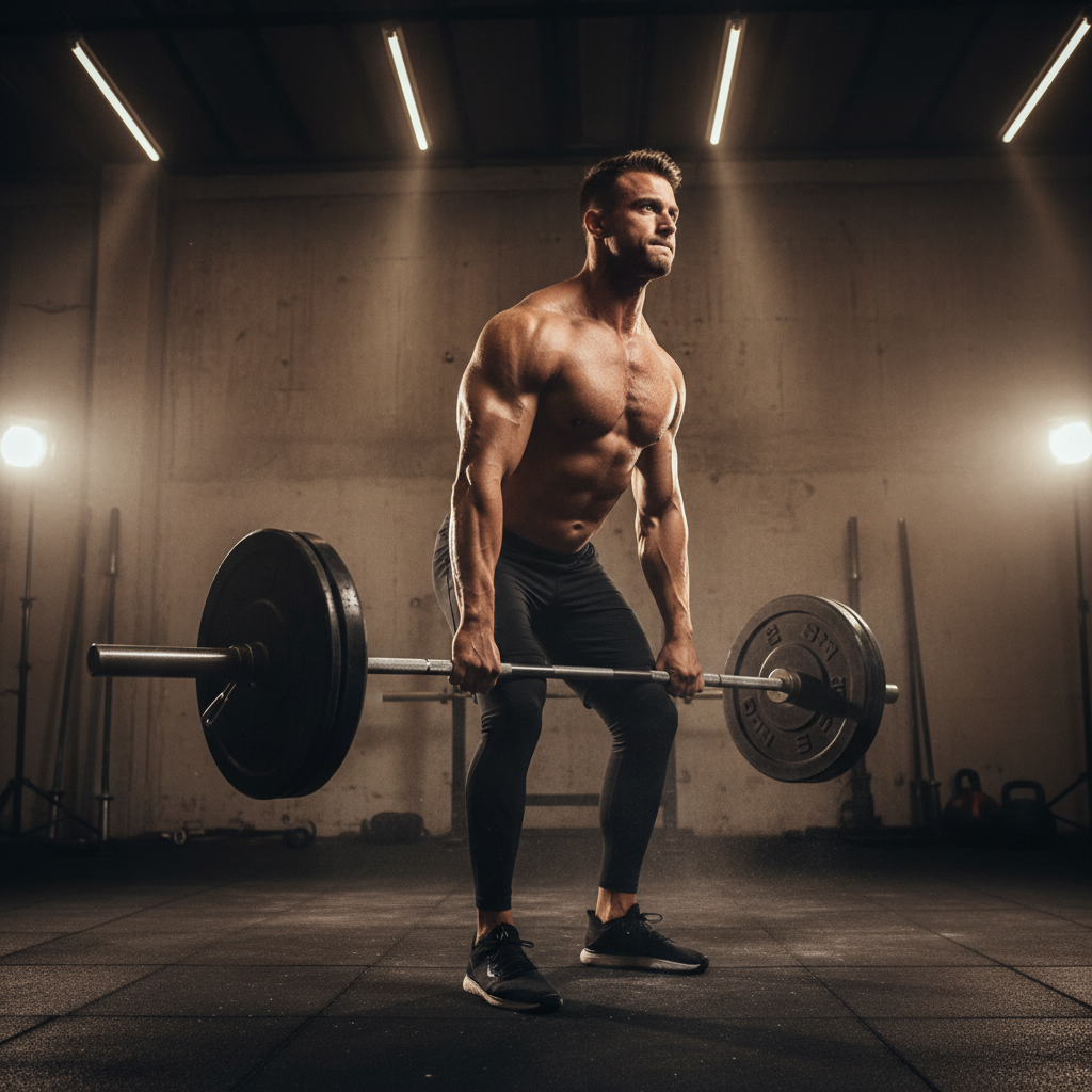 IronEdge member performing deadlift with coach spotting, dramatic industrial gym lighting, deep shadow environment