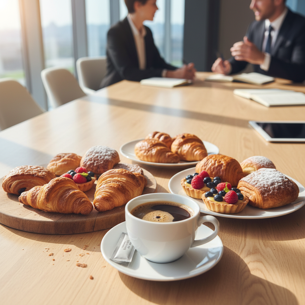 Premium coffee station with artisan pastries in dim corporate morning setting