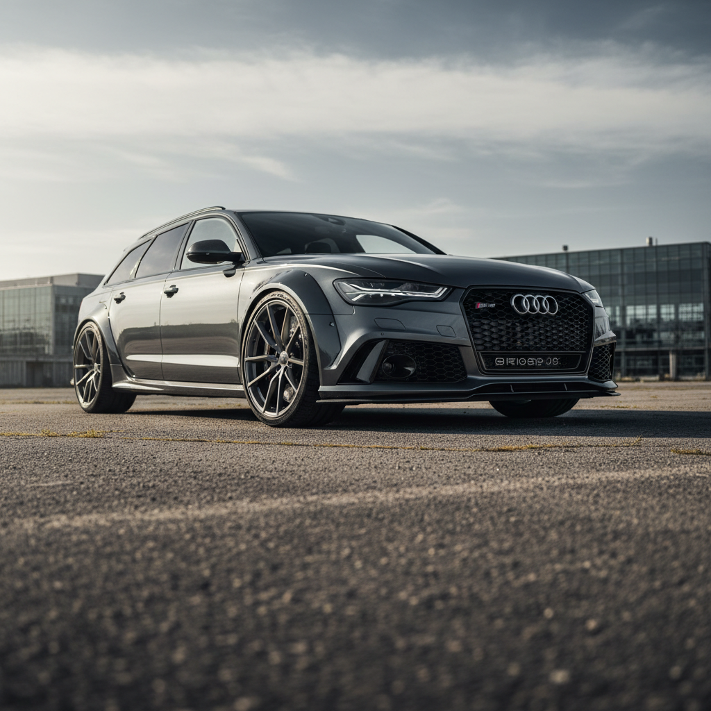 Audi RS6 Avant wagon in dark grey, track setting, dynamic motion, aggressive stance, wide body kit