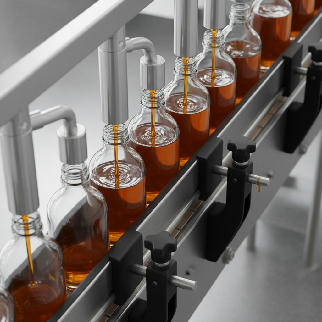 Close-up overhead shot of amber liquid filling clear bottles on a high-speed conveyor line, fill nozzles sharp in foreground